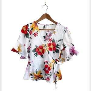 Floral Print Ruffle Wrap Around Blouse